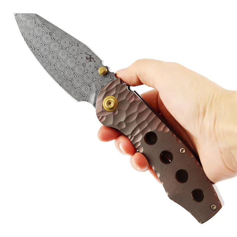 Kansept Caveman Thumb Stub Knife | Damascus Rose Gold Titanium EDC