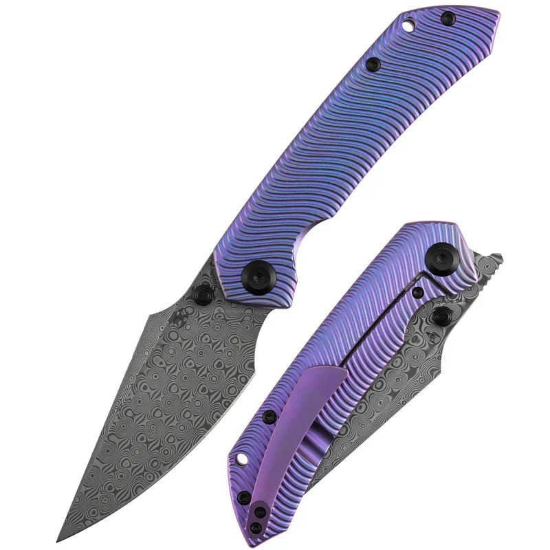 Kansept Fenrir Frame Lock Knife | Damascus Purple Titanium EDC