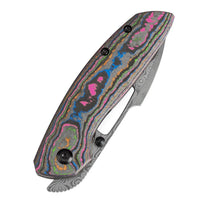 Kansept Link K1068A5 – 3.0" Damascus Harpoon Blade, 80s Camo Carbon Fiber and Blackwashed Titanium Handle, Frame Lock Folding Knife