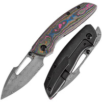 Kansept Link K1068A5 – 3.0" Damascus Harpoon Blade, 80s Camo Carbon Fiber and Blackwashed Titanium Handle, Frame Lock Folding Knife