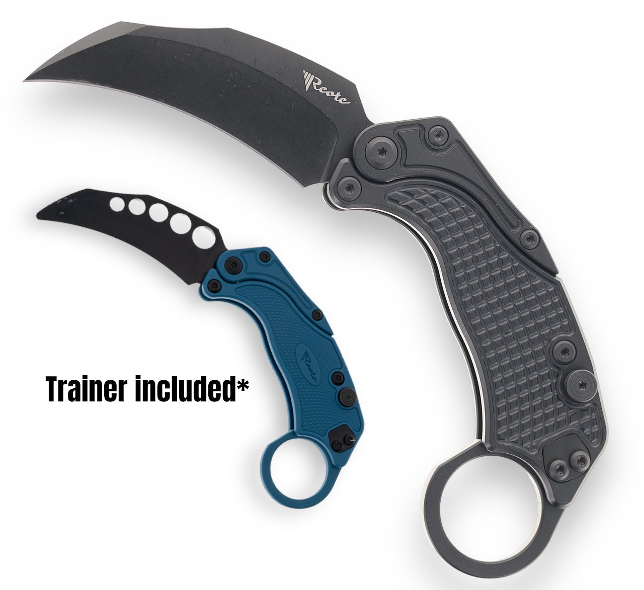 Reate Knives EXO-K Gravity Karambit Button Lock Knife Stonewash Blade w/  Oxidized Purple Aluminum Handle and Trainer - Tactical Elements Inc